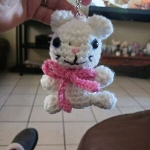 Crocheted White Cat Keychain with Pink Bow